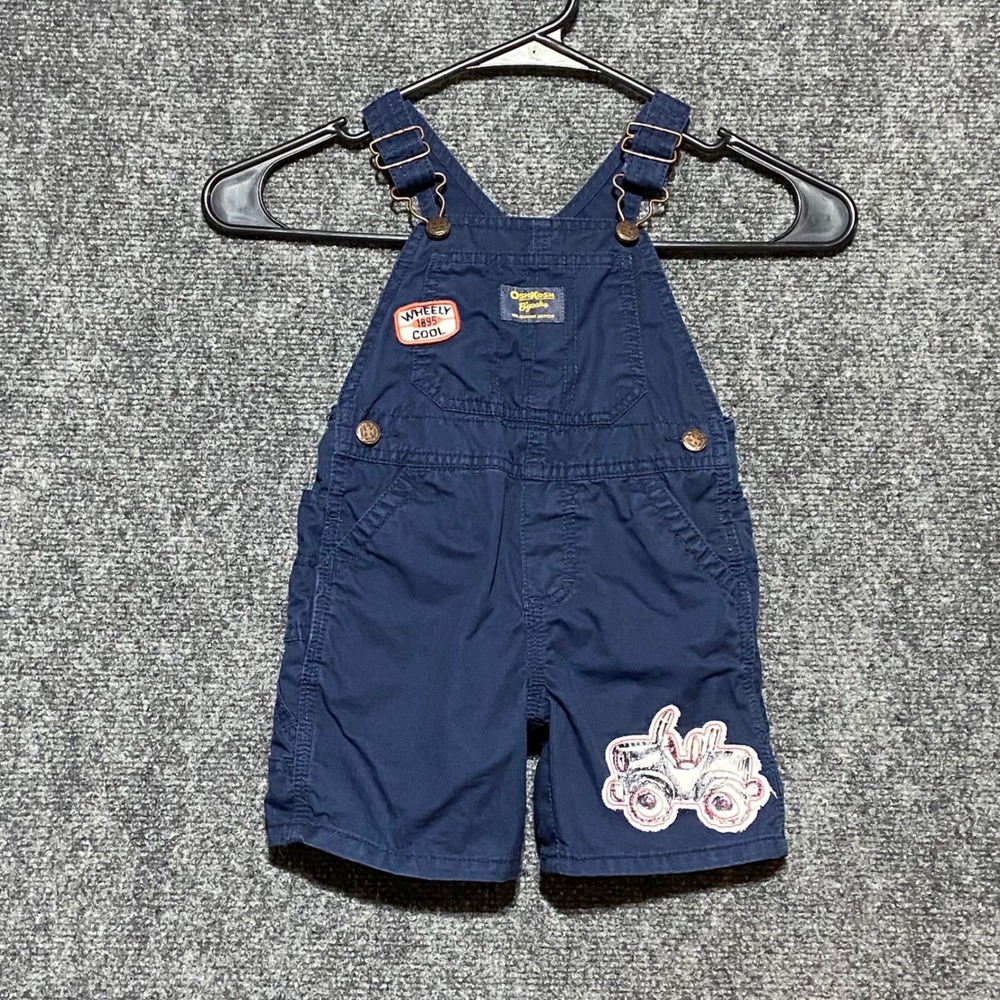 OshKosh Bgosh Boys Navy Blue Cotton Car Graphic Short Overalls 18 Months 424-107